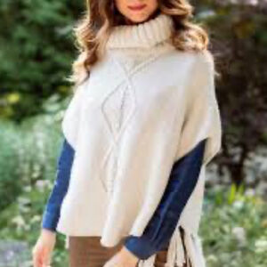 CLEO Universal Fit knit sweater poncho pullover turtleneck cream OS Fits most